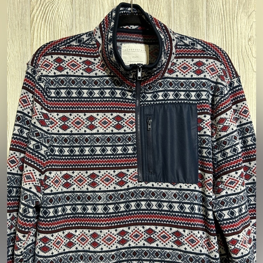 American Eagle Men’s Quarter Zip Sweater Fleece Blue Red Gray 2XL - Picture 2 of 12